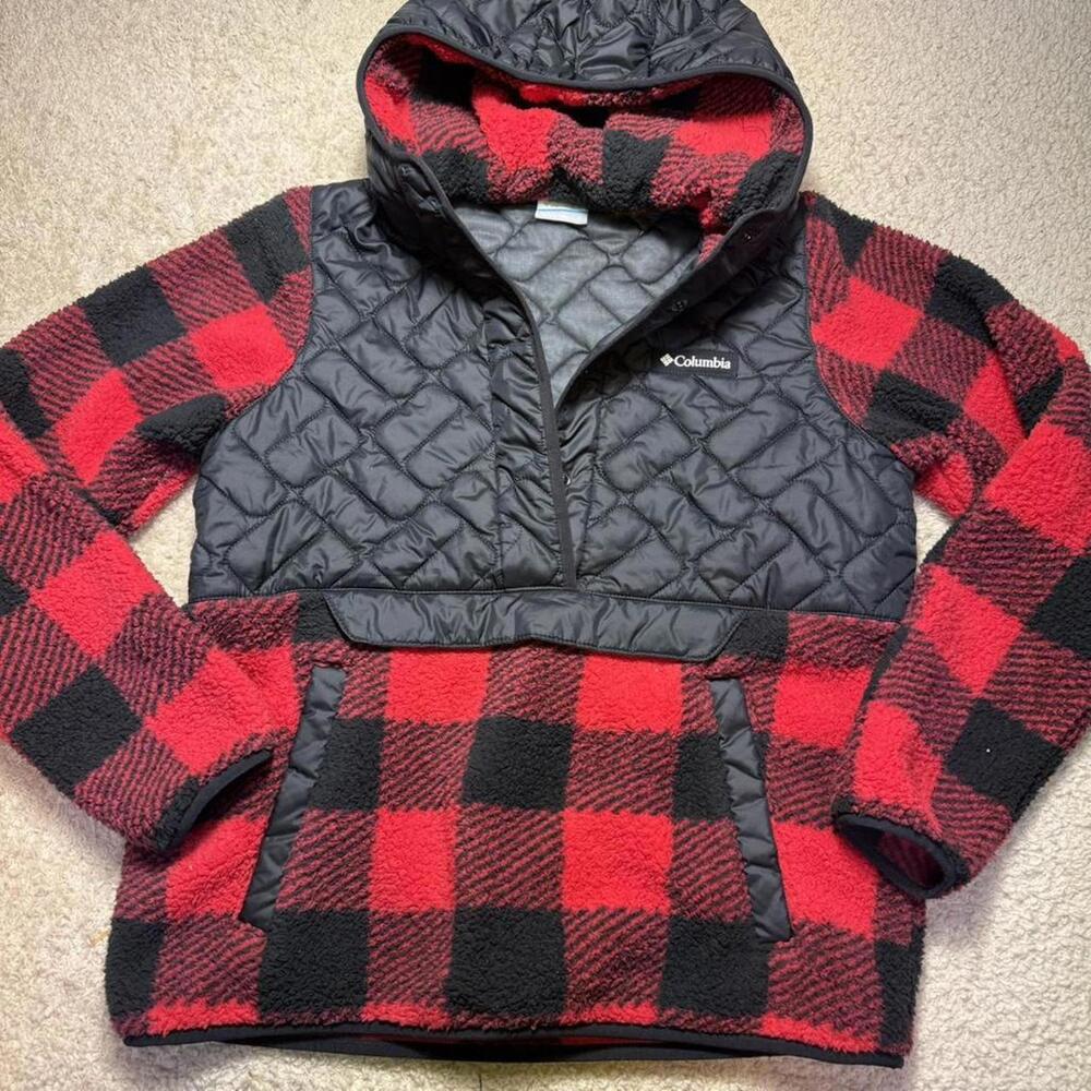 Columbia‎ Women's Sweet View Hooded Pullover Fleece Black/Red Lily Check SMALL